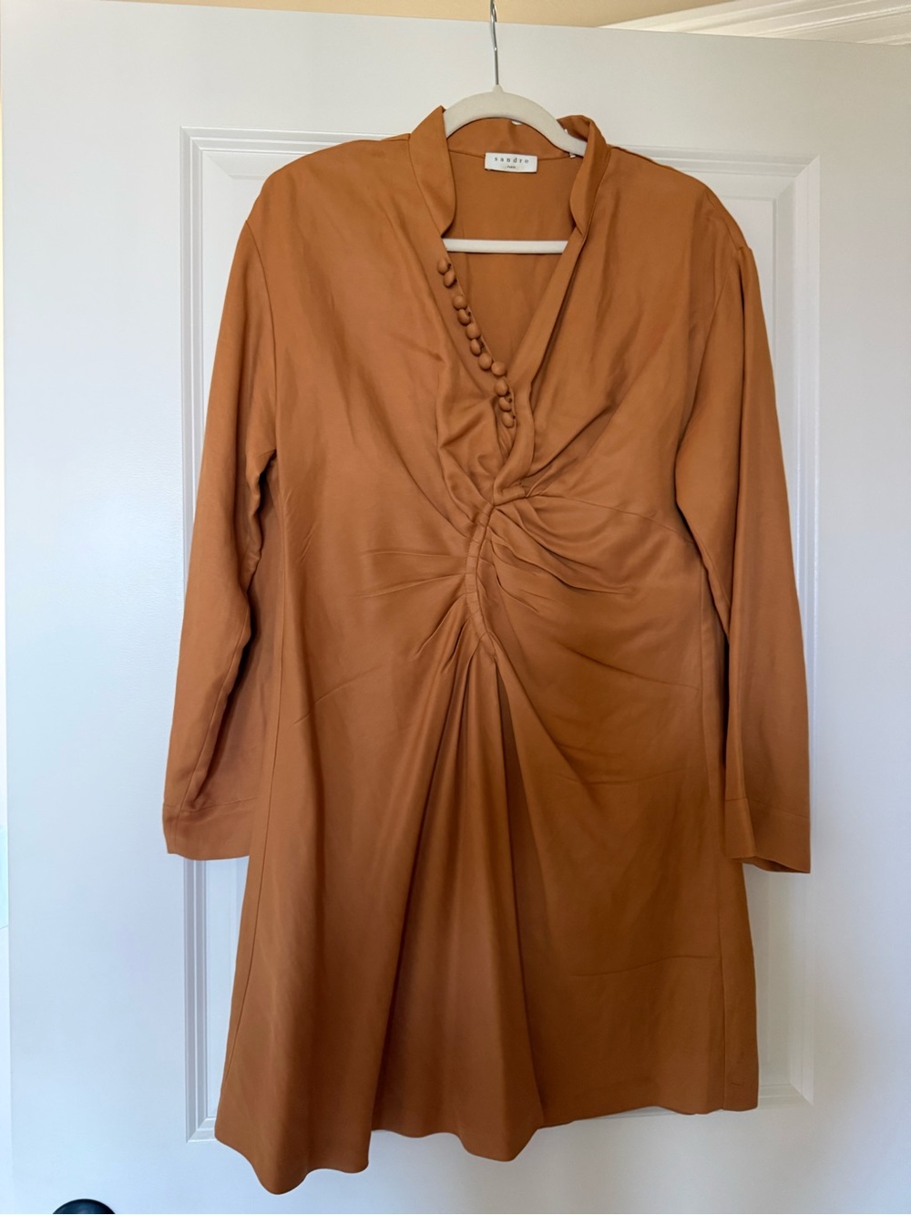Sandro Rust-Tone Long Sleeve Gathered Front Dress